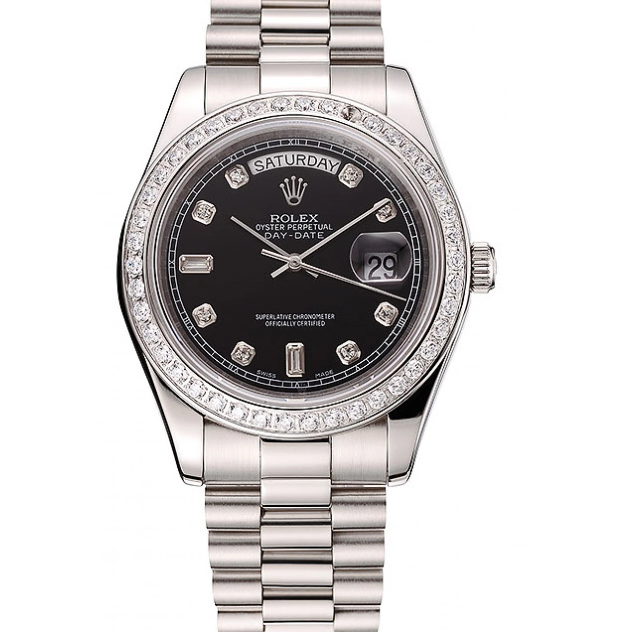 MiroTime 0825 Swiss Rolex Day-Date Black Dial Diamond Case Diamond Numerals Stainless Steel Bracelet 1453966